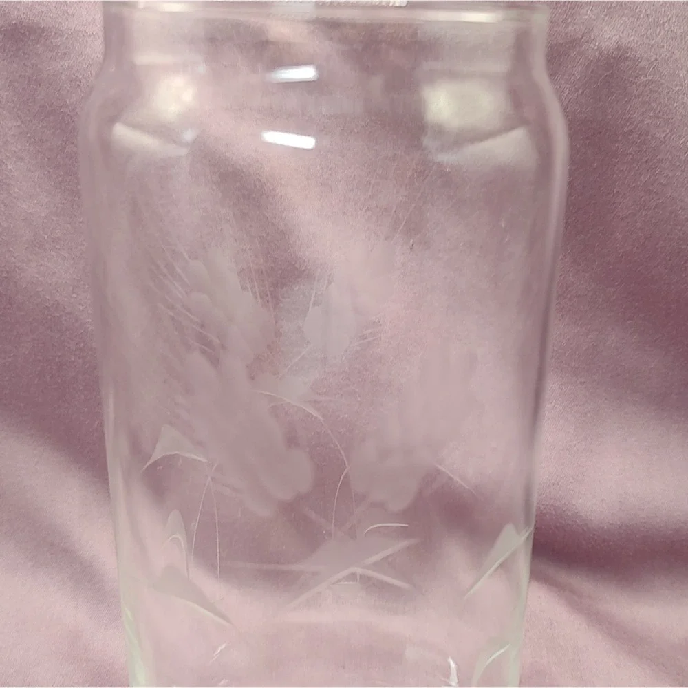 Vintage Clear Glass Vase Etched‎ Wheat Both Sides Cylinder Seven Inches 1970s